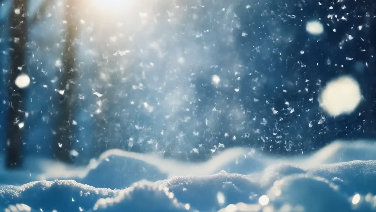 日差しの中で雪が積もった地面に舞い落ちる美しい雪の結晶