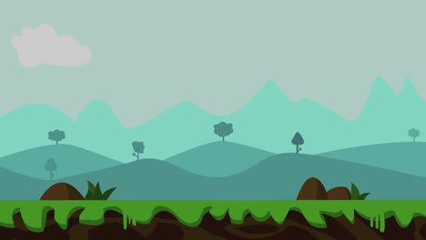 animation of a cartoon flat style mountain landscape with clouds moving in the wind, grass and stones popping up