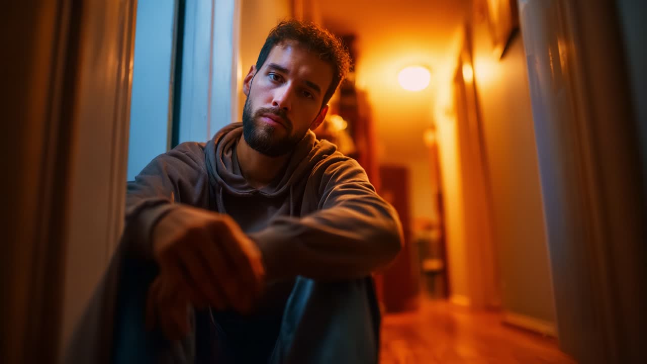 Un momento contemplativo catturato in un corridoio scarsamente illuminato, che mostra un individuo che riflette sulla vita mentre è seduto sul pavimento, circondato da una calda luce ambientale