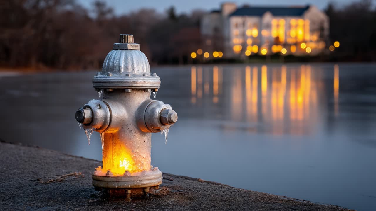 A Beautiful Scene of a Glowing Fire Hydrant by a Peaceful Lake at Dusk with Warm Lights Reflecting from Nearby Building and a Tranquil Winter Atmosphere