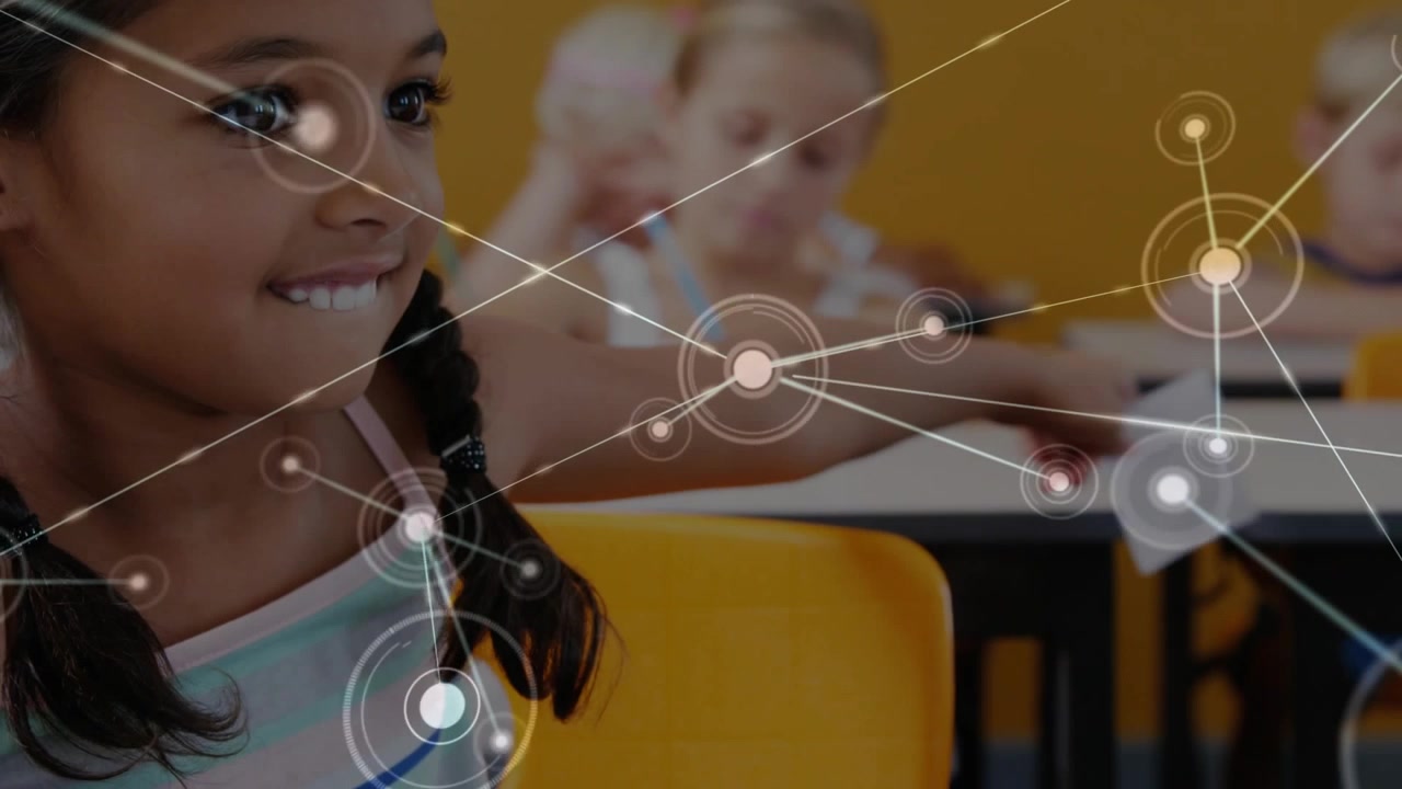 Student girl extending arm as HUD appearing at chest and radiating nodes, showing classroom network
