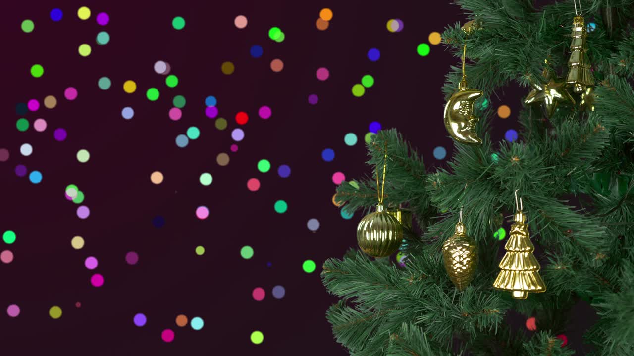 fondo abstracto celebra la navidad. víspera de las fiestas de navidad. abeto verde con decoración dorada. saludando la navidad y el año nuevo. brillo coloridas luces bokeh en el fondo. círculos de confeti brillantes.