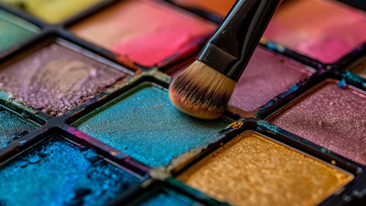 Close-up of eyeshadow palette with brush