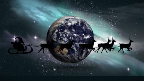 santa claus in sleigh being pulled by reindeers against globe spinning in space