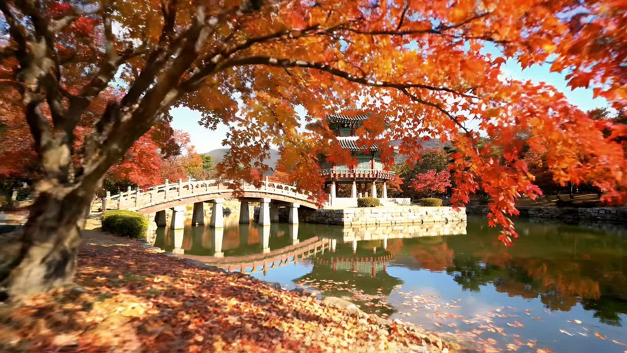 Traditional Korean Pavilion and Bridge in Autumn