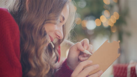 cheerful woman drawing outline on cardboard house during christmas