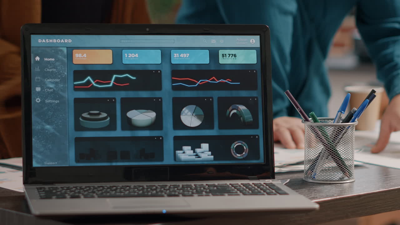 Laptop displaying a data dashboard with charts and graphs