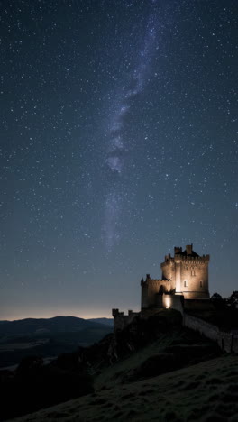 illuminated castle under a starry night sky