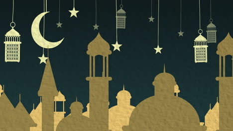 animation of moon, stars and lampions hanging over gold cut out of city at night on blue background