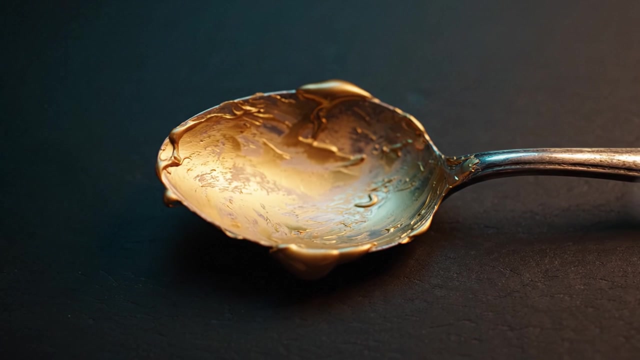 Nahaufnahme des Polierens eines glänzenden goldenen Löffels, um dessen strahlendes Finish und filigrane Details in einer professionellen Reinigungsumgebung zum Vorschein zu bringen