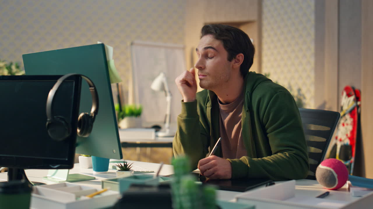 Tired designer rubbing eyes at computer work place. Overworked creator working