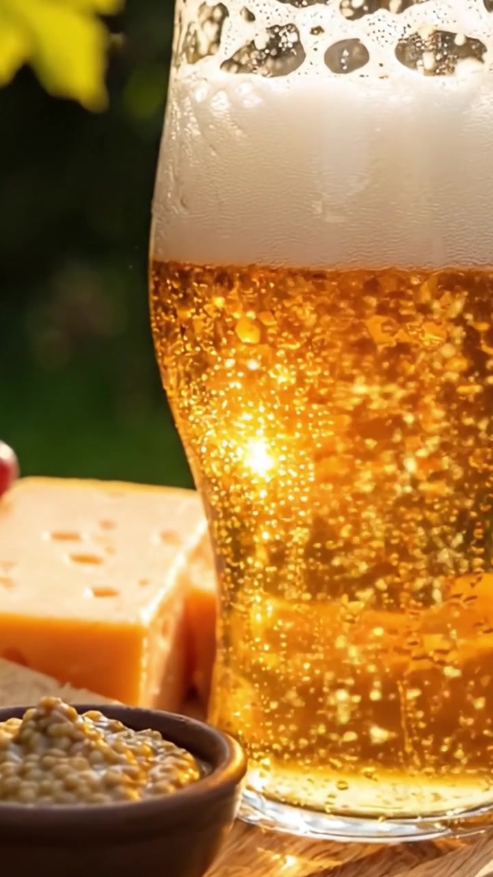 Un rinfrescante bicchiere di birra accompagnato da formaggio saporito e senape, che cattura perfettamente l'essenza del relax e del piacere in una splendida ambientazione all'aperto.