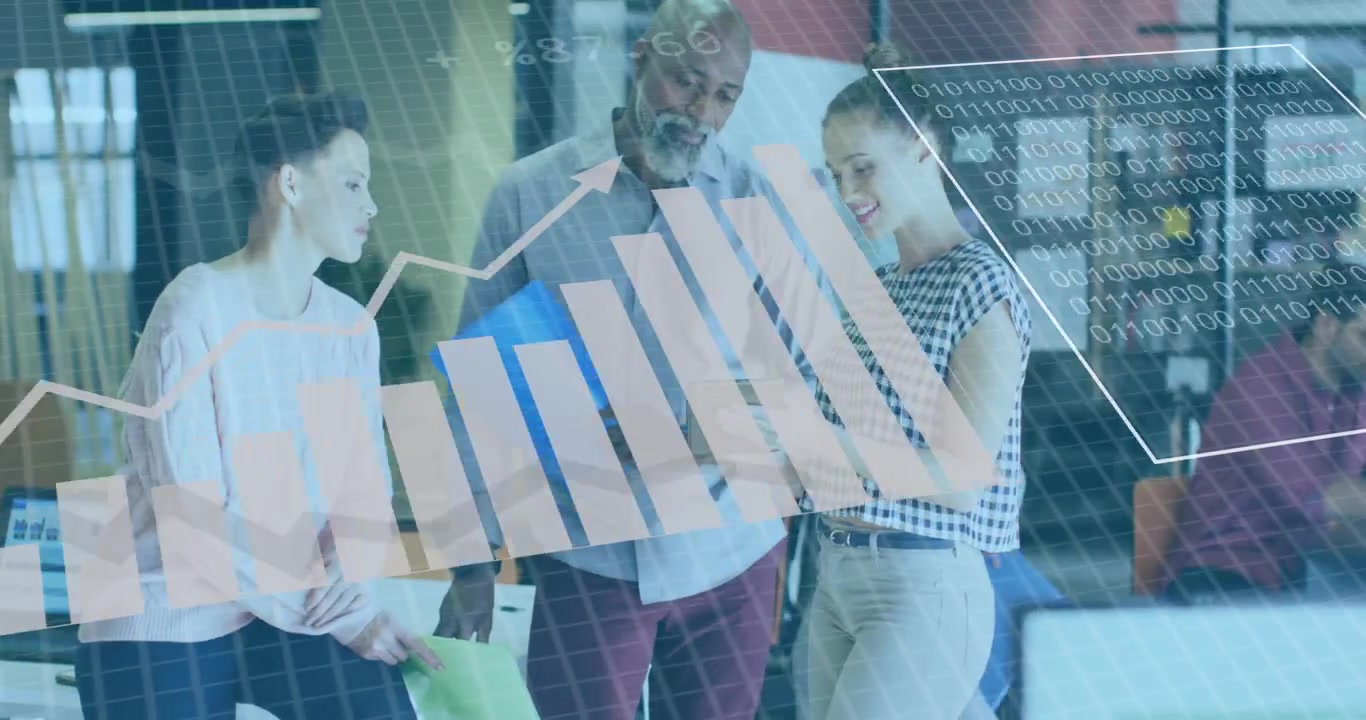Animazione dell'elaborazione dei dati finanziari su diversi uomini d'affari in ufficio