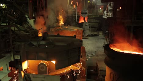 glowing furnace at a foundry with molten metal and flying sparks, industrial setting