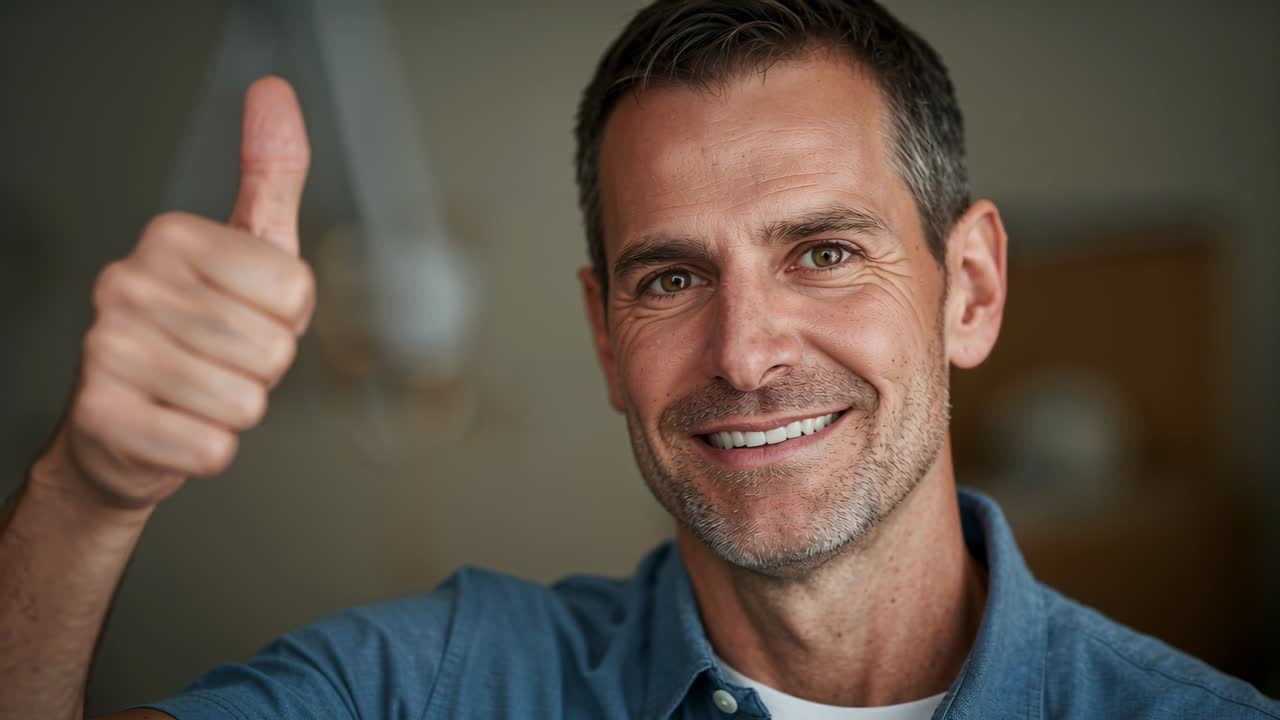 Camera recording man in blue shirt holding raised right hand giving thumbs-up at home, signaling OK