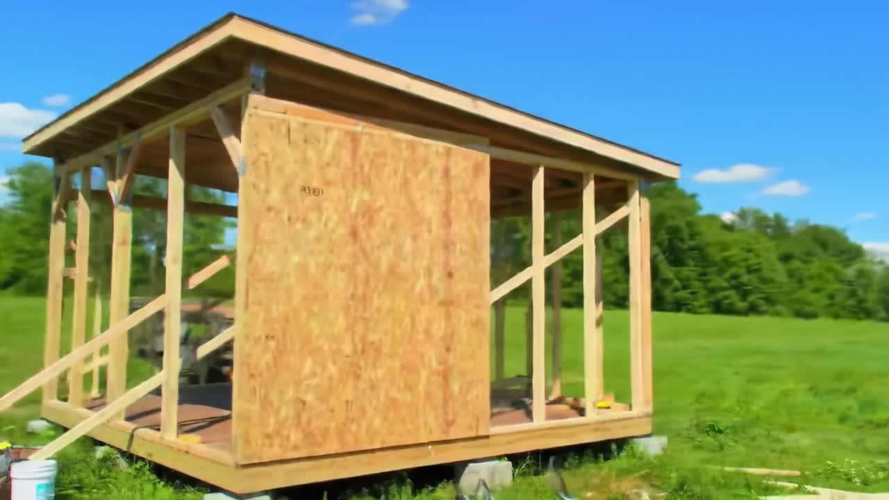 Construction of a wooden building is underway in a vibrant green landscape. Workers are busy framing the structure, showcasing skill and teamwork against a beautiful sunny backdrop.