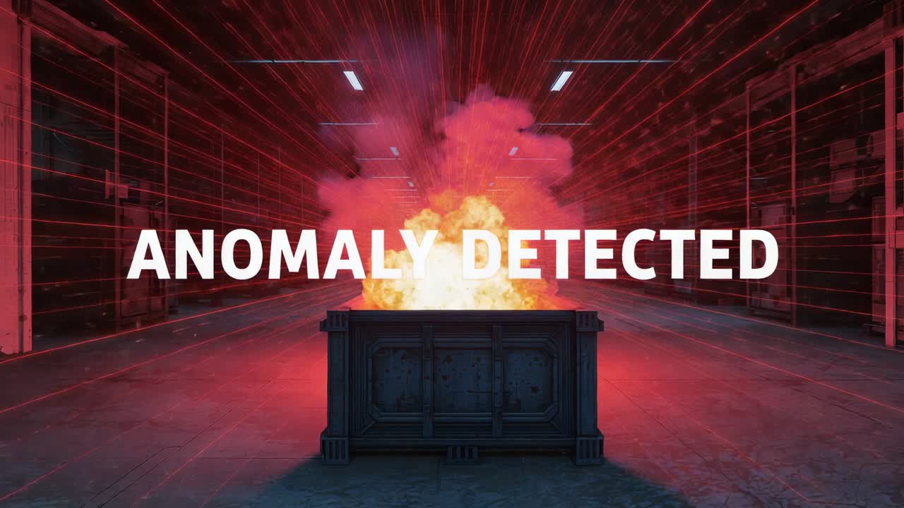 Alerting 'ANOMALY DETECTED' activating crate, emitting flames, pink smoke, red beams in warehouse