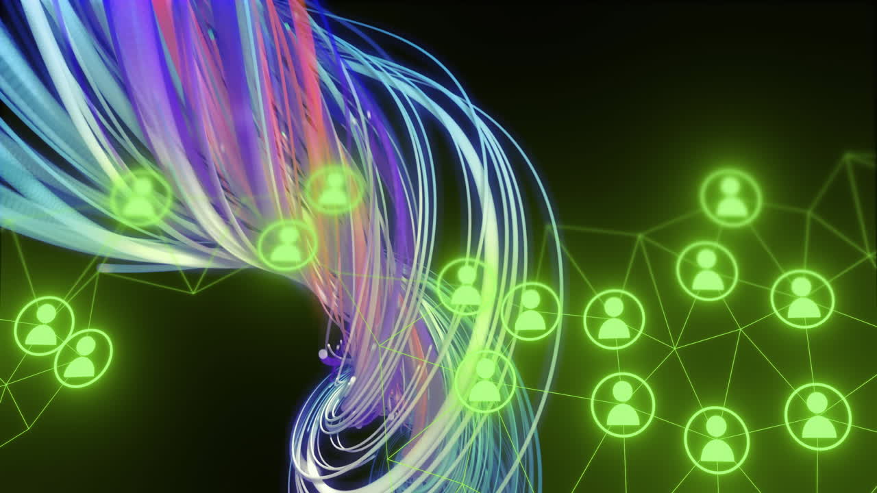 Colorful fiber optic cables and connected user icons animation over dark background