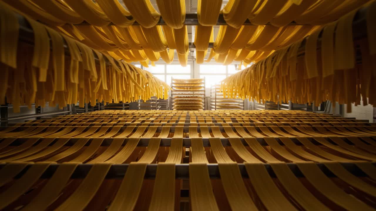 A Stunning Display of Fresh Pasta Drying in a Sunlit Factory, Capturing the Artisanal Process of Traditional Pasta Production with a Warm Golden Hue
