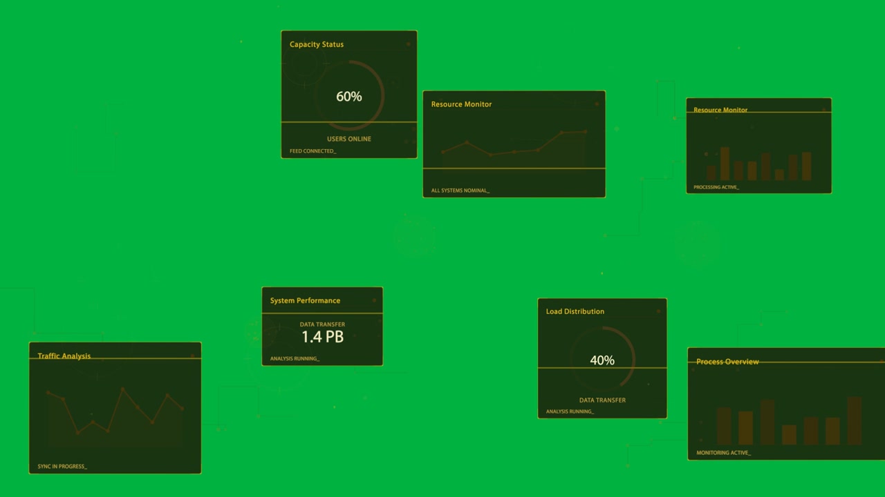 Data HUD starting as links drawing panels sliding stats updating showing load on transparent canvas