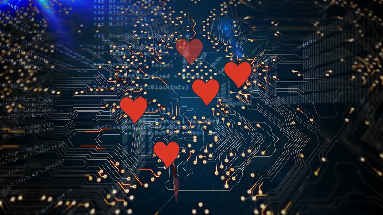 금융 데이터 처리 및 어두운 배경에 떨어지는 마음의 애니메이션