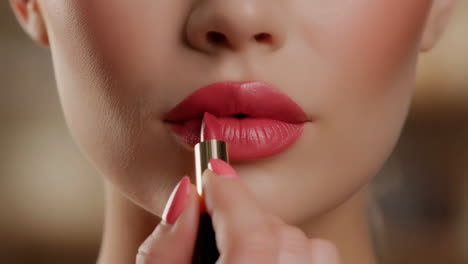 close-up of a woman applying pink lipstick