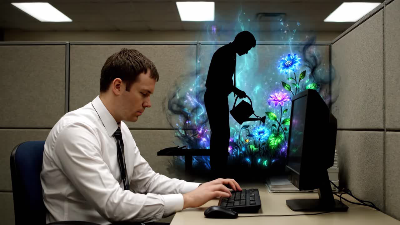 Man in Office Cubicle Visualizing Growth