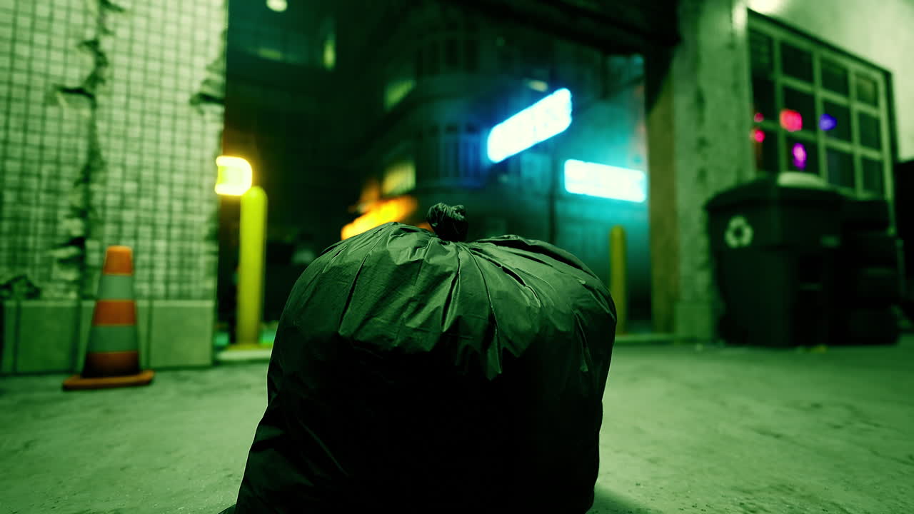 Urban alleyway at night with a black garbage bag and colorful neon lights