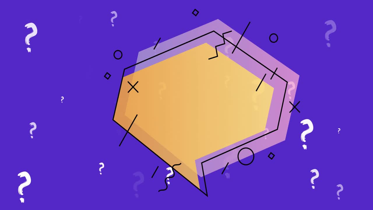 파란색 배경 위에 기하학적 모양과 물음표의 애니메이션