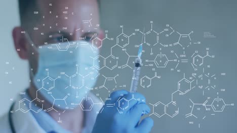 animación de estructuras químicas sobre médico caucásico con jeringa y máscara facial