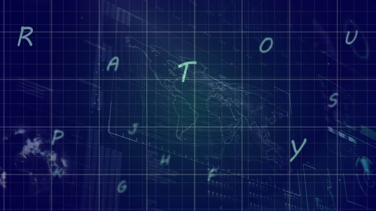 Animation of bubbles data processing over grid on blue background