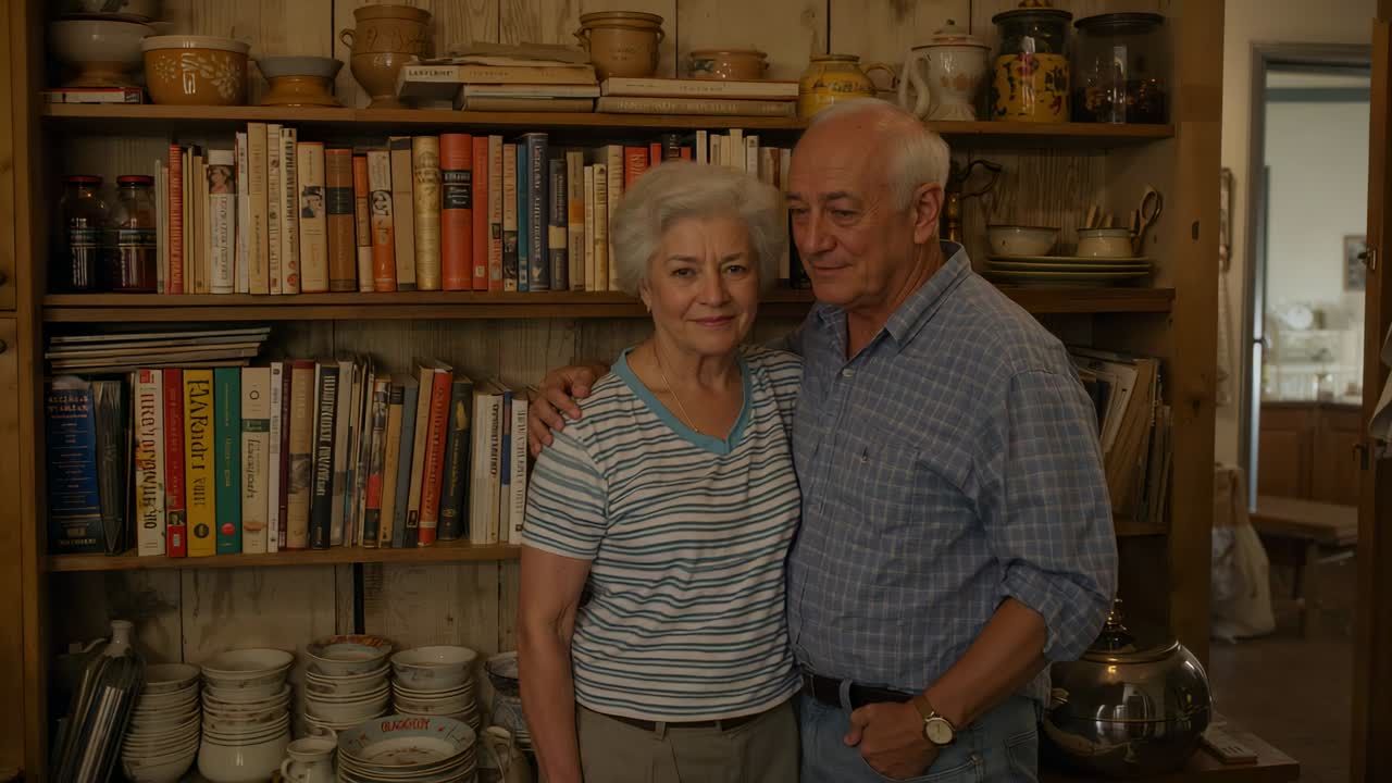 Avvio della fotocamera, coppia matura che si abbraccia in casa con libreria e ceramiche, in posa per un ritratto