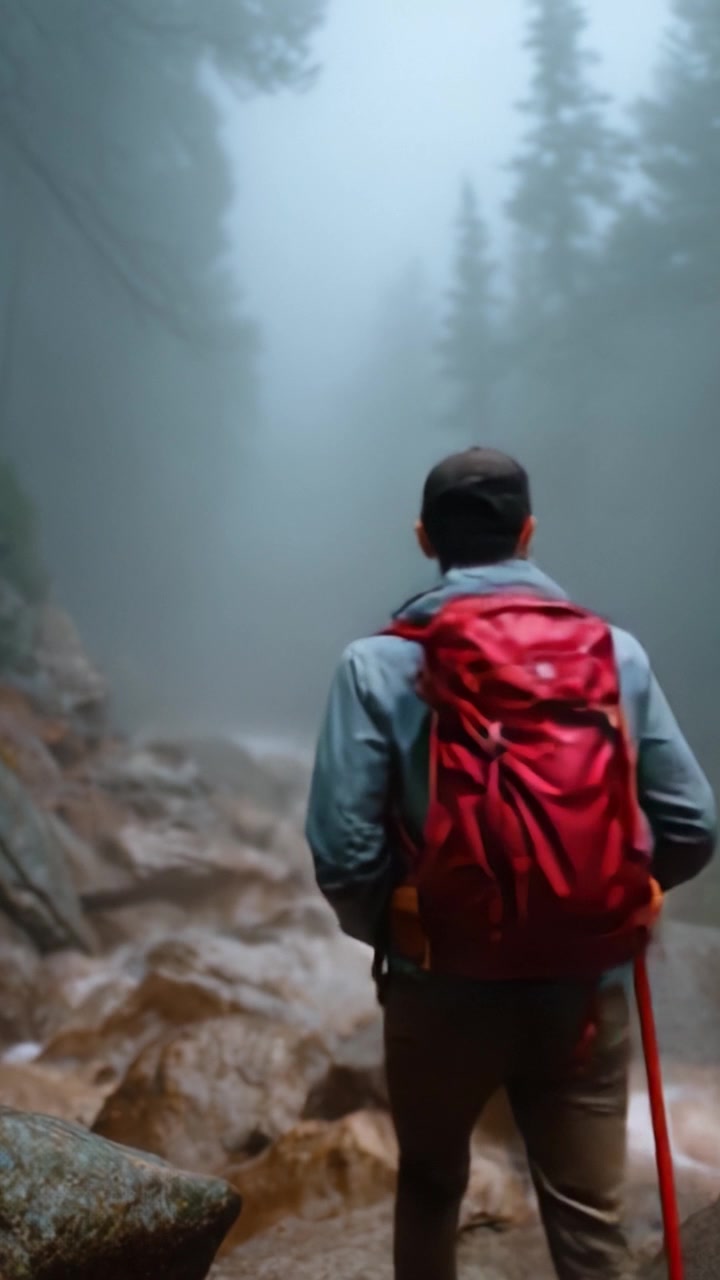 Un escursionista che si muove attraverso un paesaggio forestale nebbioso con terreno roccioso e un ruscello che scorre, avvolto dalla serena bellezza e dall'avventura della natura.