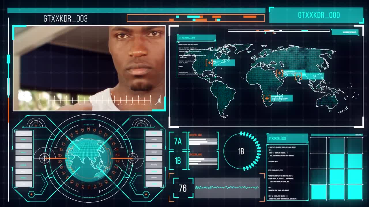 animación de procesamiento de datos deportivos hombre afroamericano haciendo ejercicio en fondo negro.