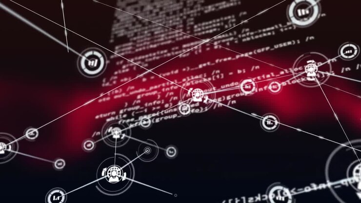 Animation of data processing and media icons on black background