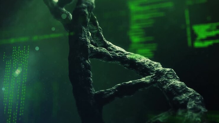 Animazione di elaborazione dati su un filamento di DNA 3D rotante.