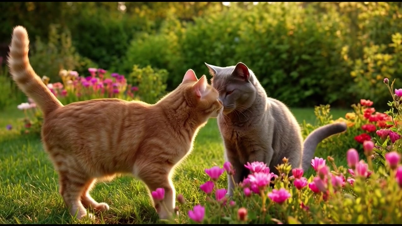 Due gatti che si coccolano in un giardino soleggiato