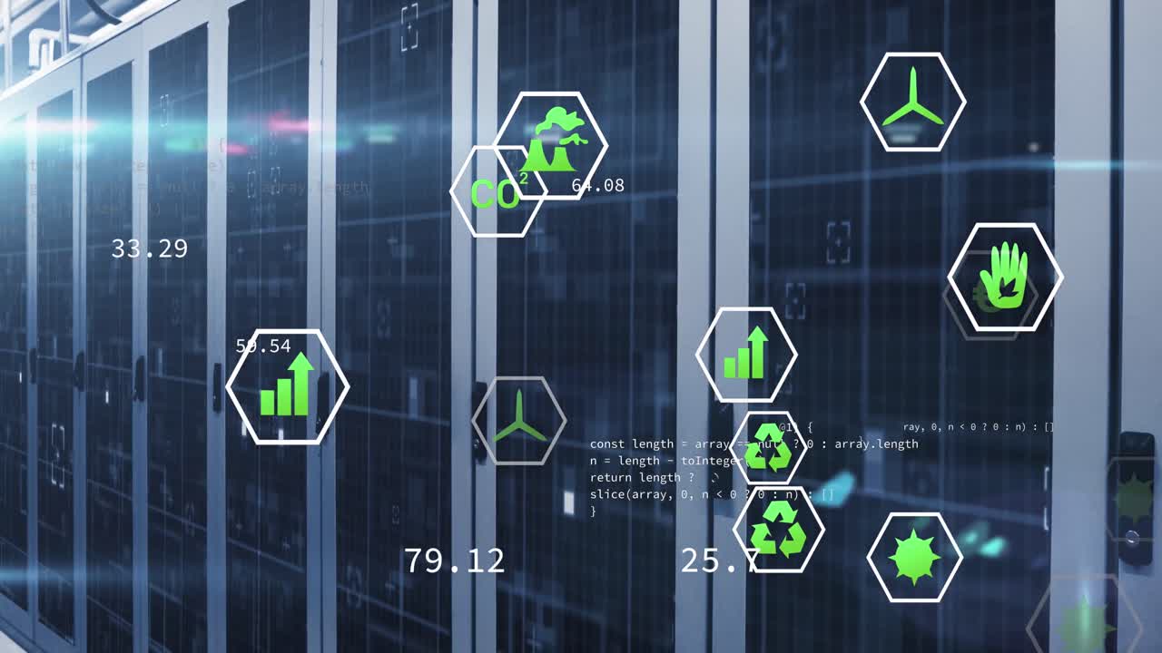 animación de múltiples iconos digitales, procesamiento de datos y puntos de luz contra la sala de servidores de computadora