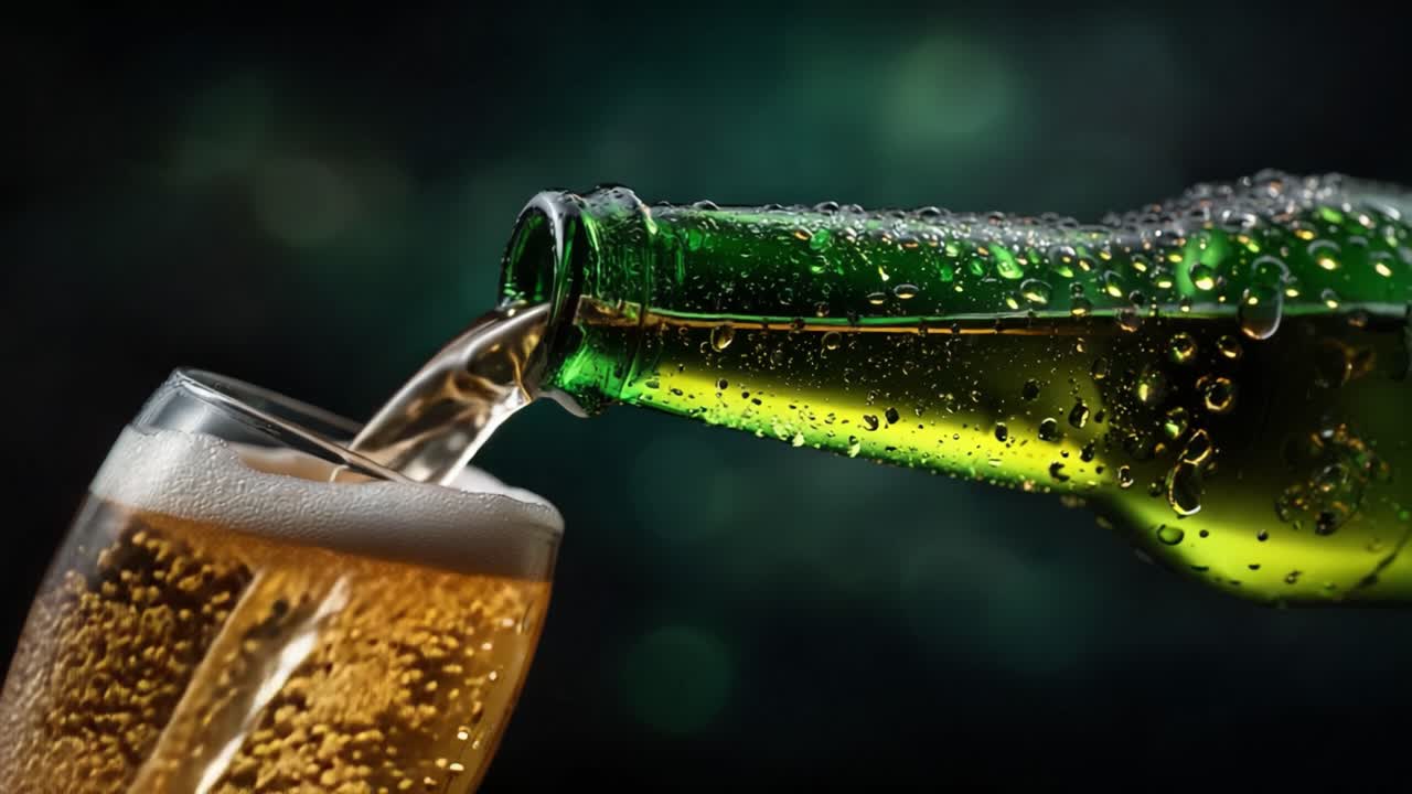 Birra rinfrescante che si versa da una bottiglia in un bicchiere con goccioline d'acqua e bollicine, catturata su un attraente sfondo scuro dai colori vivaci.