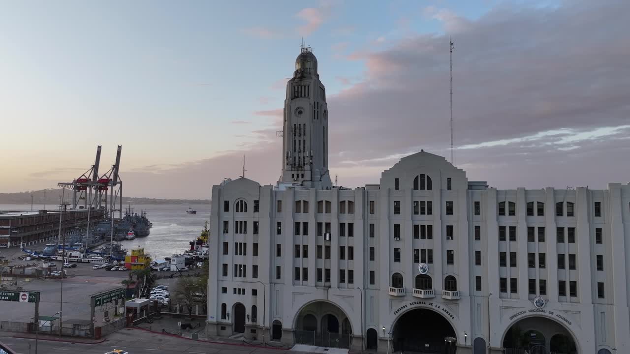 Historic Building and Port in Montevideo at Sunset