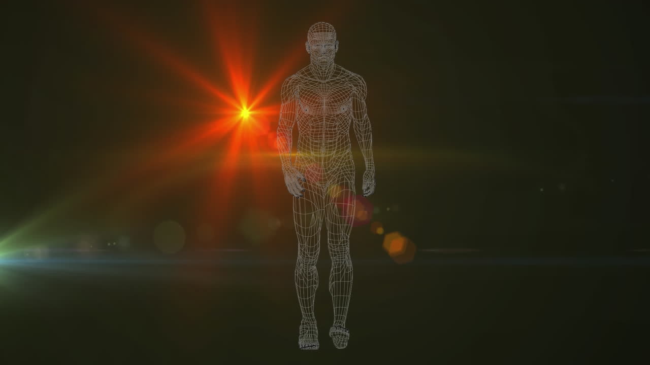 animación de un cuerpo humano ondulado formado con partículas sobre fuegos artificiales.