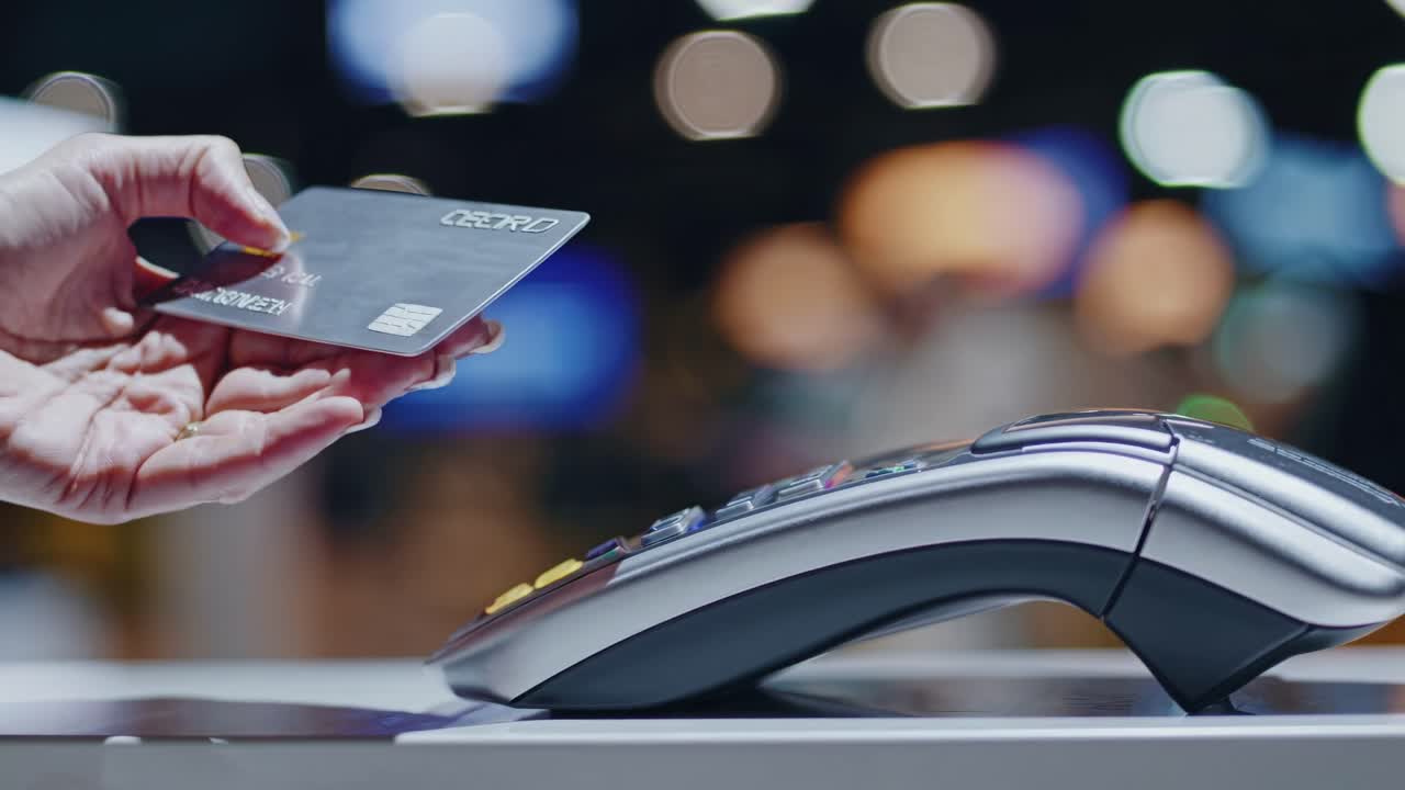 Close-up of a payment terminal on a counter, with blurred lights in the background
