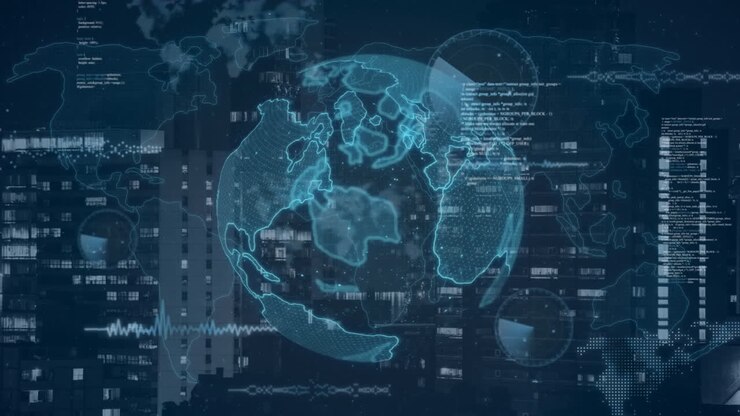 Composition of data processing on screens over globe and world map