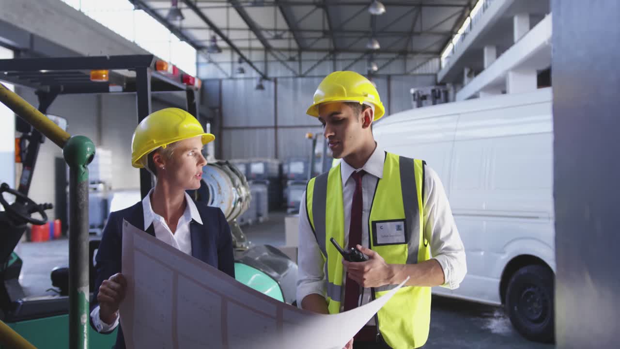 mujer empresaria y gerente de almacén en discusión 4k