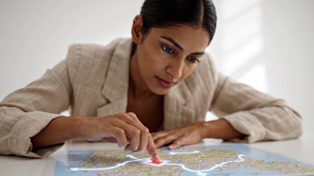 Esplorazione Concentrata: Una Donna Interagisce con una Mappa Dettagliata, Analizzando Percorsi e Luoghi con Intenzione e Curiosità in un Ambiente Interno Luminoso.