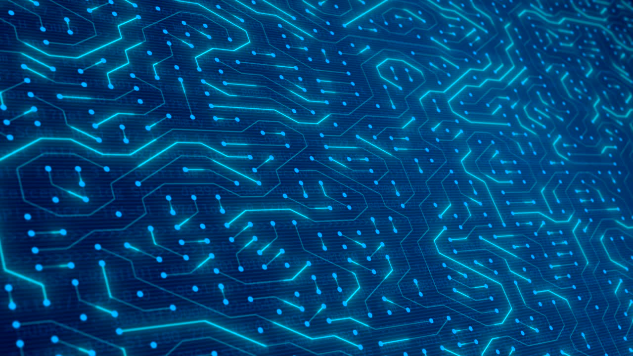 Motivo di circuito stampato digitale blu brillante. Concetto di tecnologia per scheda madre e microchip di computer