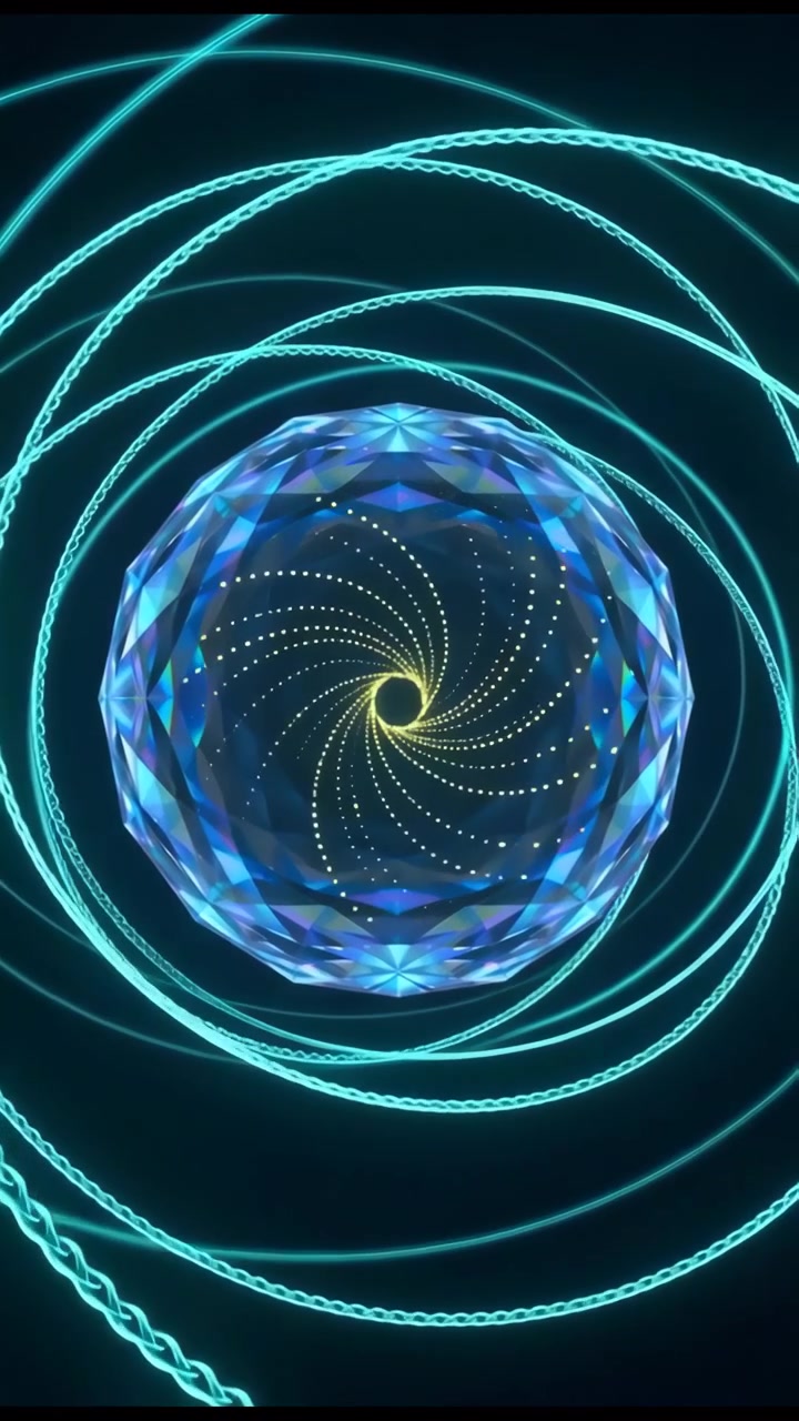 Anelli di luce turchese brillante e blu turbinano in un tunnel circolare al centro di una scena scura, creando un effetto di profondità astratto e futuristico con una luce radiosa