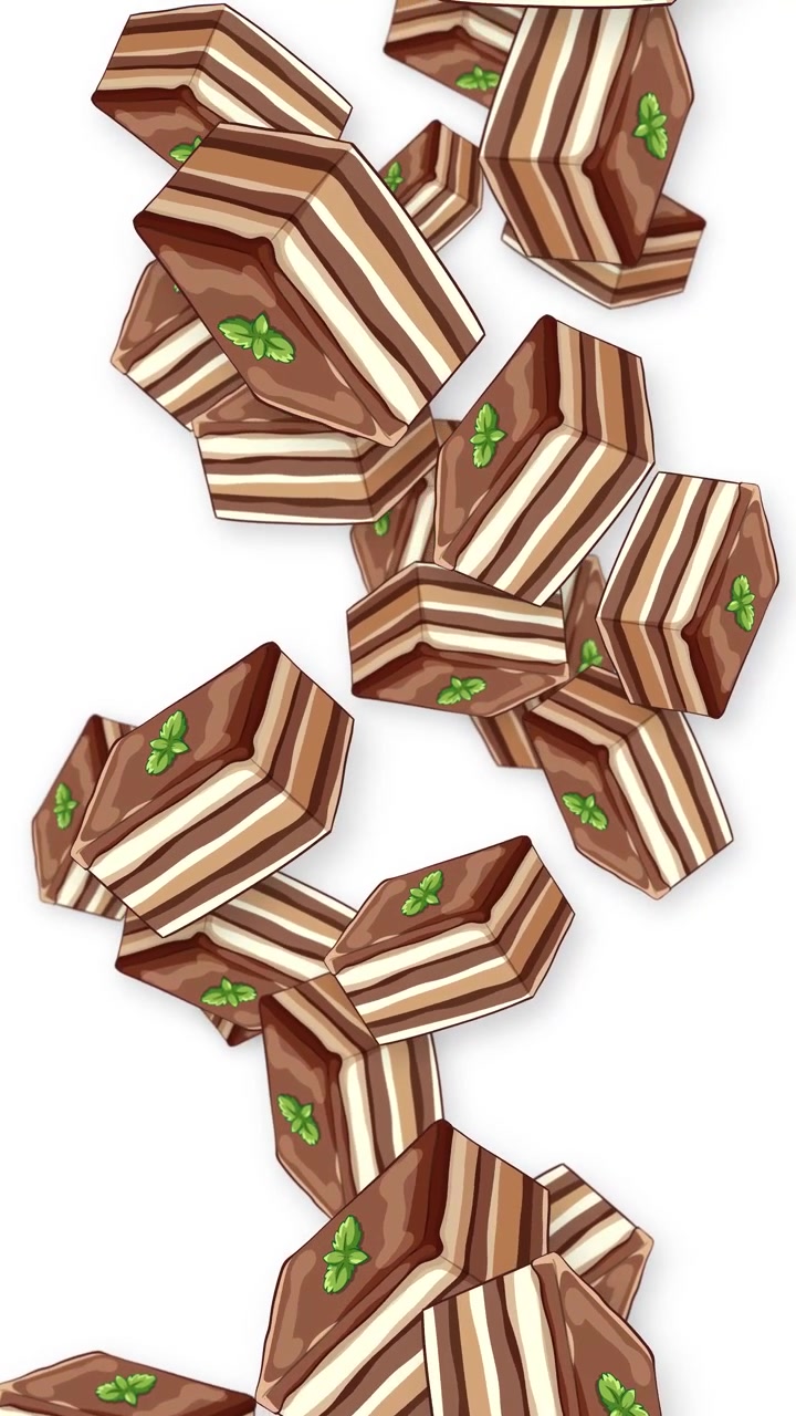 Layered chocolate cake slices with mint leaves fall vertically against a clean white background.