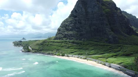 aerial drone shot of hawaii by the coast
