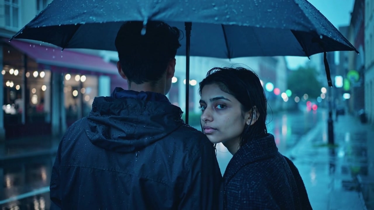 Sharing black umbrella couple in coats walking wet street dusk, falling rain leading woman turning